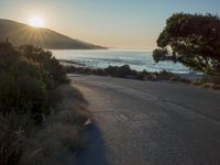 a sunset view from behind the road with a person riding a bike along the shore