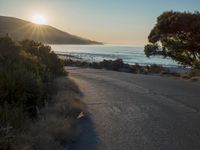a sunset view from behind the road with a person riding a bike along the shore