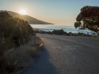 a sunset view from behind the road with a person riding a bike along the shore