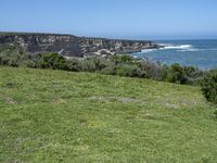 the shore line and grassy green cliff face at the ocean's edge, with cliffs on the far side