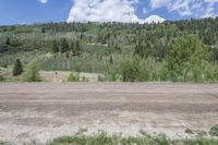 a dirt road and a hill with trees around it in the background, as if from a distance