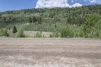 a dirt road and a hill with trees around it in the background, as if from a distance