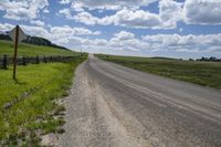 an empty country road with a fence and farm buildings on both sides of it in the distance, under cloudy skies