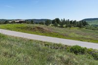 a country road with lush green meadows in the background and homes on either side of it