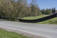 the grass is covering the road in the country area near a fence with a cow