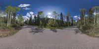 an 360 - turn photo shows a mountain and a wide road between two arrows the way forward