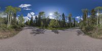 an 360 - turn photo shows a mountain and a wide road between two arrows the way forward