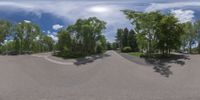 an 360 - turn photo shows a mountain and a wide road between two arrows the way forward