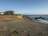 a grassy field by the shore and a cliff with rocks in the ocean in the background