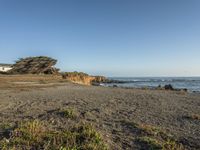 a grassy field by the shore and a cliff with rocks in the ocean in the background