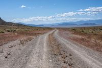 a dirt road winding through an empty field and mountain range in the distance to the right