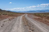 a dirt road winding through an empty field and mountain range in the distance to the right