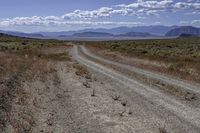 a dirt road leading to the mountains on a sunny day with white clouds and some blue sky