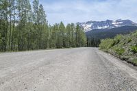 a long dirt road leading into some mountains in the distance with trees and grass in the foreground