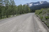 a long dirt road leading into some mountains in the distance with trees and grass in the foreground