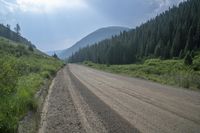 a dirt road through the middle of a wooded area near mountains and trees on the sides, with a mountain range in the background