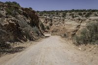 the dirt road leads to the hills and a steep cliff area in the background is covered with rocks