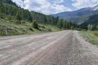 a dirt road surrounded by green grass and hills with snow capped mountains in the background