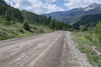 a dirt road surrounded by green grass and hills with snow capped mountains in the background