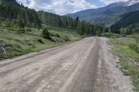 a dirt road surrounded by green grass and hills with snow capped mountains in the background