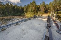 a dirt road by trees on a sunny day with benches next to it and two people