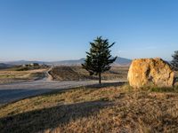 a dirt road and a tree on the edge of a mountain side with hills in the background