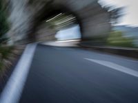 an blurred image of a car driving along a road with lots of green shrubs on the side