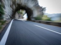 an blurred image of a car driving along a road with lots of green shrubs on the side