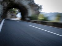 an blurred image of a car driving along a road with lots of green shrubs on the side