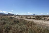 an empty road in a wide open plain of land near mountains and water on a sunny day