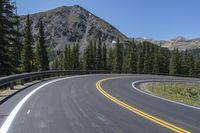 the highway goes into mountains with pine trees beside it, and with two people on the side