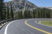 the highway goes into mountains with pine trees beside it, and with two people on the side