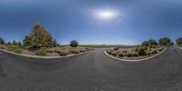 a photo taken of a curved road and the bright sun in the sky, in the background