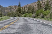 a highway leading to a mountain in the distance, with trees and bushes on the side