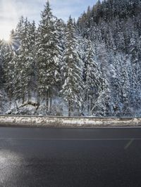 snow on the mountains surrounding an empty highway, trees and sky in the background,