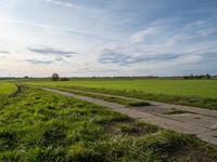 the sun is shining in the green field above a grassy area with a road and dirt path