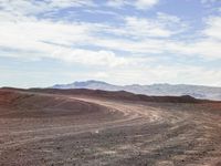 an animal walks across a large dirt and gravel plain in the desert, with mountains in the background