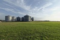 two large grain bins sit in the center of a field, surrounded by silos