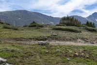 a large rocky area on a hill near the mountains, with lots of trees in the background