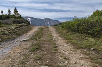 trail and a mountain with snow capped mountains in the distance along the road in the distance