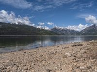 a lake with rocks on the shore and mountains in the background along side it and snow capped hills