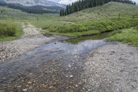 a mountain river with some grass and rocks next to it with mountains in the background