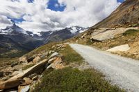 a mountain biker rides down a dirt road in front of mountains with snow capped peaks
