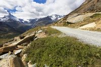 a mountain biker rides down a dirt road in front of mountains with snow capped peaks