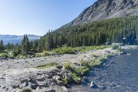 a dirt ground with a river running through it and mountains in the background near the water