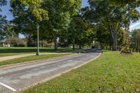 a wide paved area with a tree lined walkway next to trees and lawns of various sizes and shapes