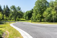 a paved country lane leads to a forested park and tree lined drive way, on the edge of a wooded area
