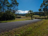 a paved roadway in the country side with mountains in the distance and a road at the end