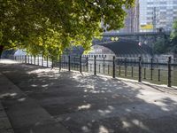 a scenic river path along an urban waterfront with buildings in the background and tree lined streets