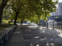 a scenic river path along an urban waterfront with buildings in the background and tree lined streets